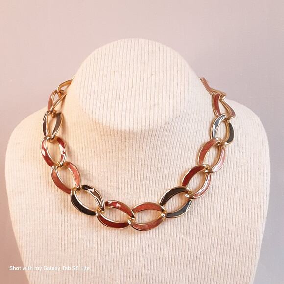 Choker Necklace Red Blue Enamel Hoop Cable Chain Links - Picture 1 of 7